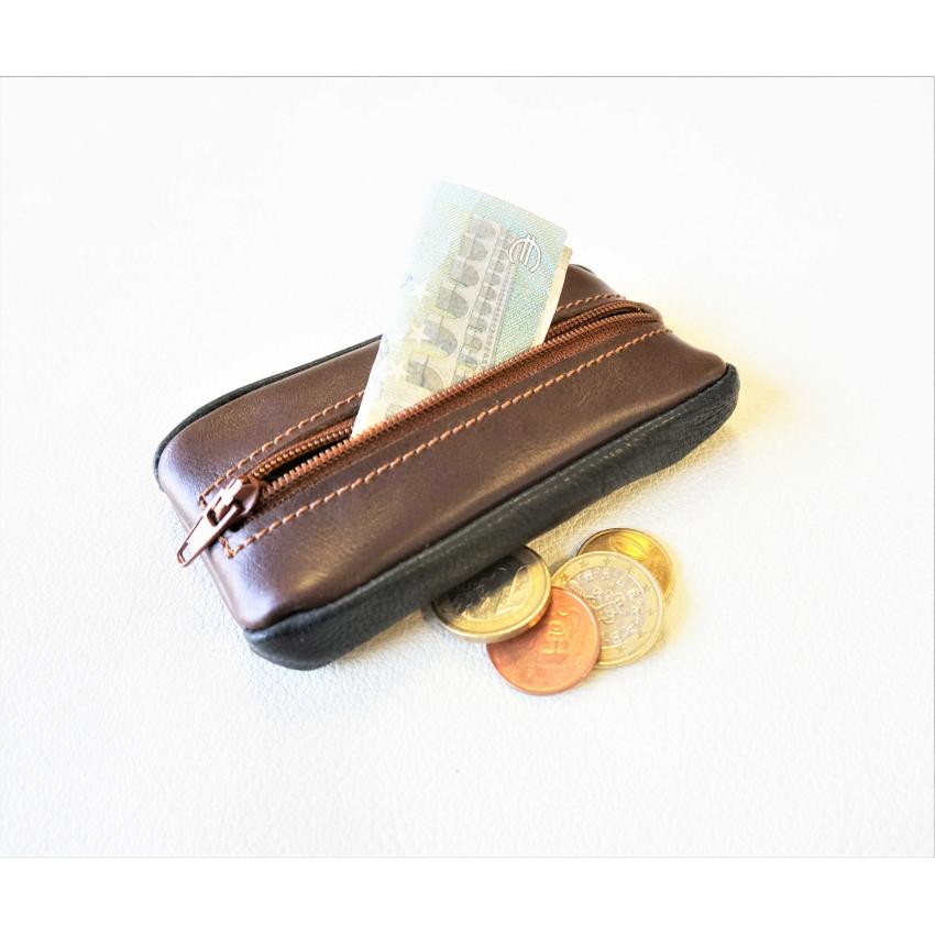 Porte monnaie zippé en cuir marron et noir