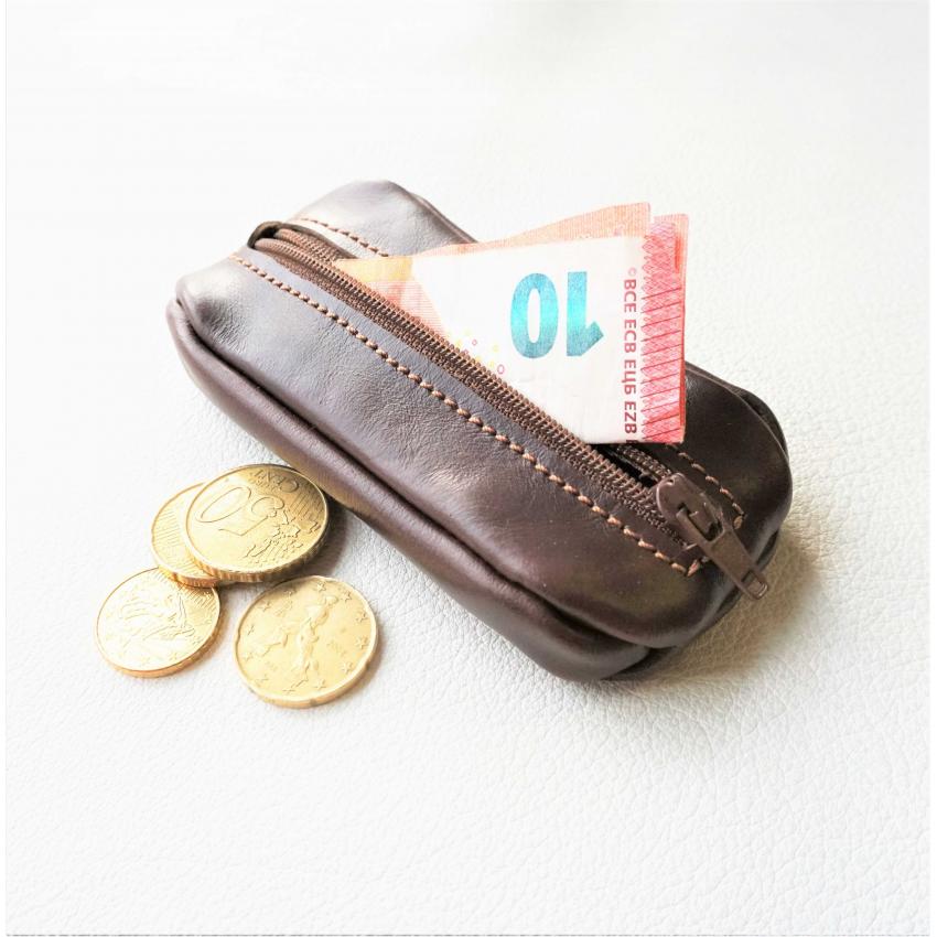 Porte monnaie grain de café en cuir marron