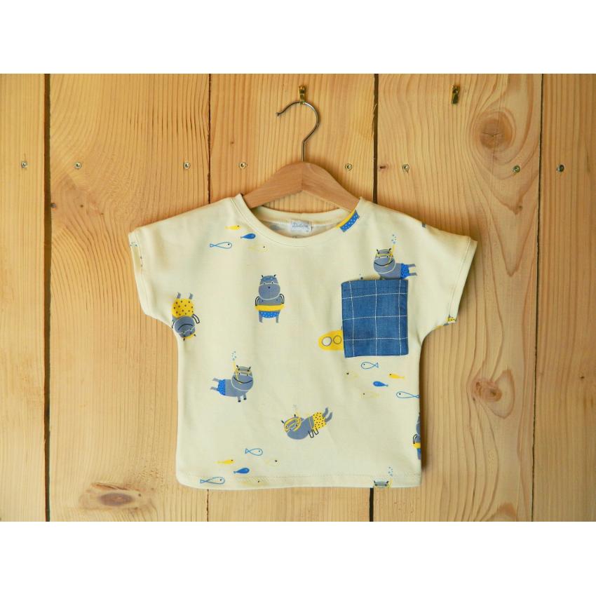 T-shirt à manches courtes pour bébé en jersey bio écru, jaune et bleu, motif hippopotames