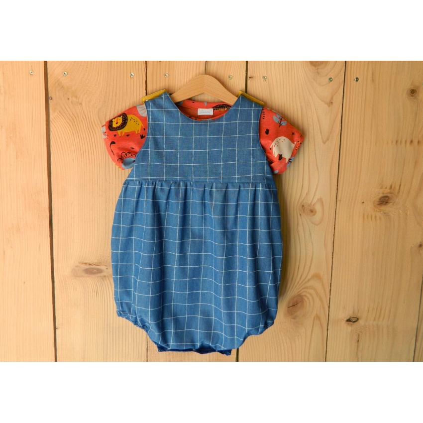 Barboteuse bébé à carreaux en coton bio, bleue et jaune