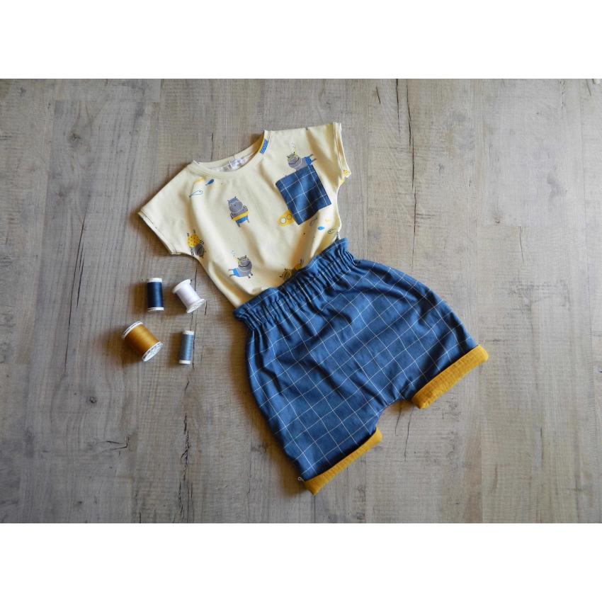 T-shirt à manches courtes pour bébé en jersey bio écru, jaune et bleu, motif hippopotames