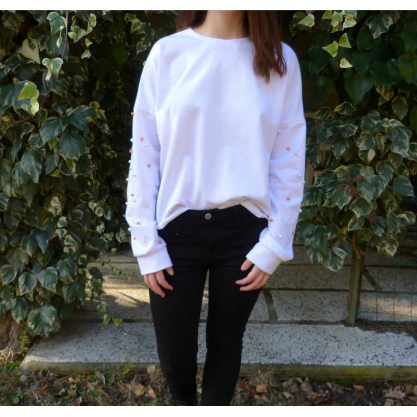 Sweat femme Blanc détails Perles