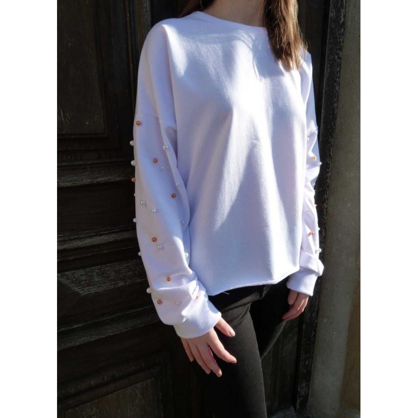 Sweat femme Blanc détails Perles