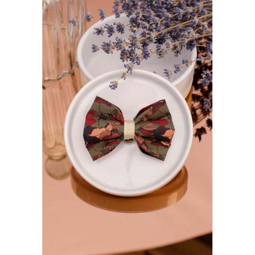 Noeud à clipser imprimé floral kaki, rouge tomette et beige rosé