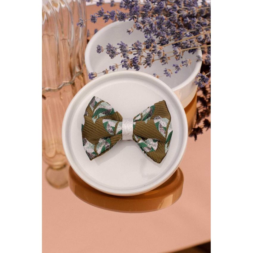 Noeud à clipser en jacquard vert olive et motif oiseaux argenté et vert