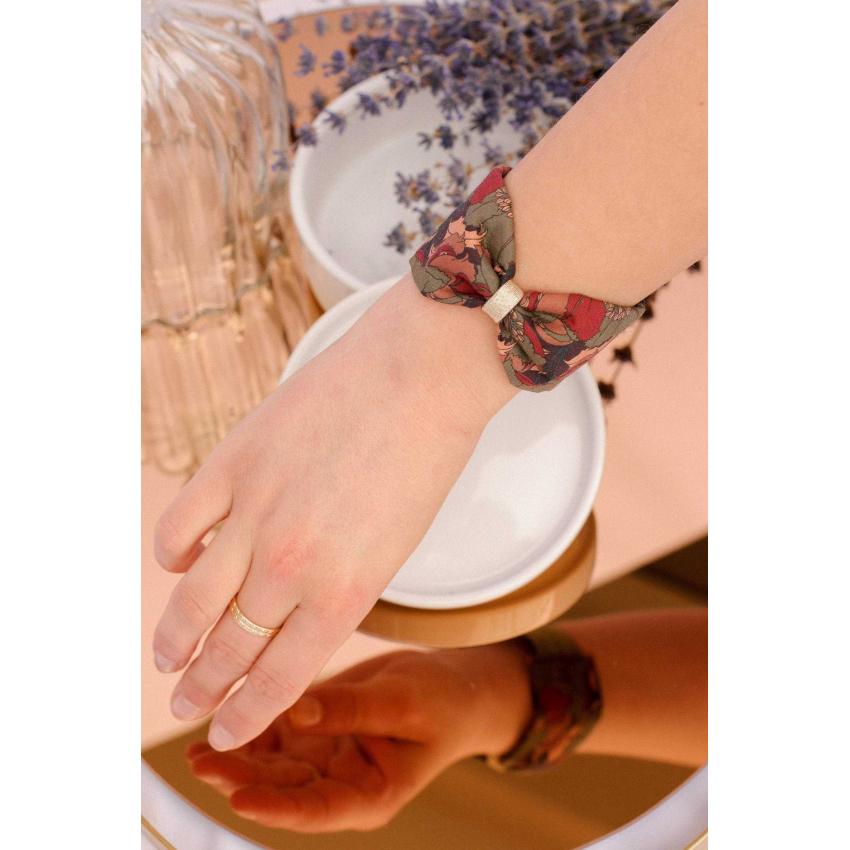 Manchette noeud imprimé floral kaki, rouge tomette et beige rosé