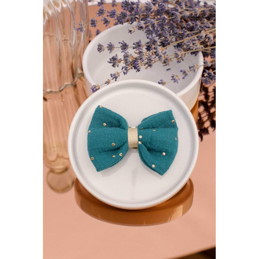 Noeud à clipser en double gaze bleu canard et doré