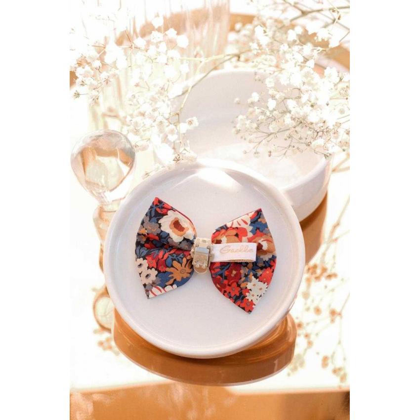 Noeud à clipser liberty fleur terracotta, bleu nuit centre doré