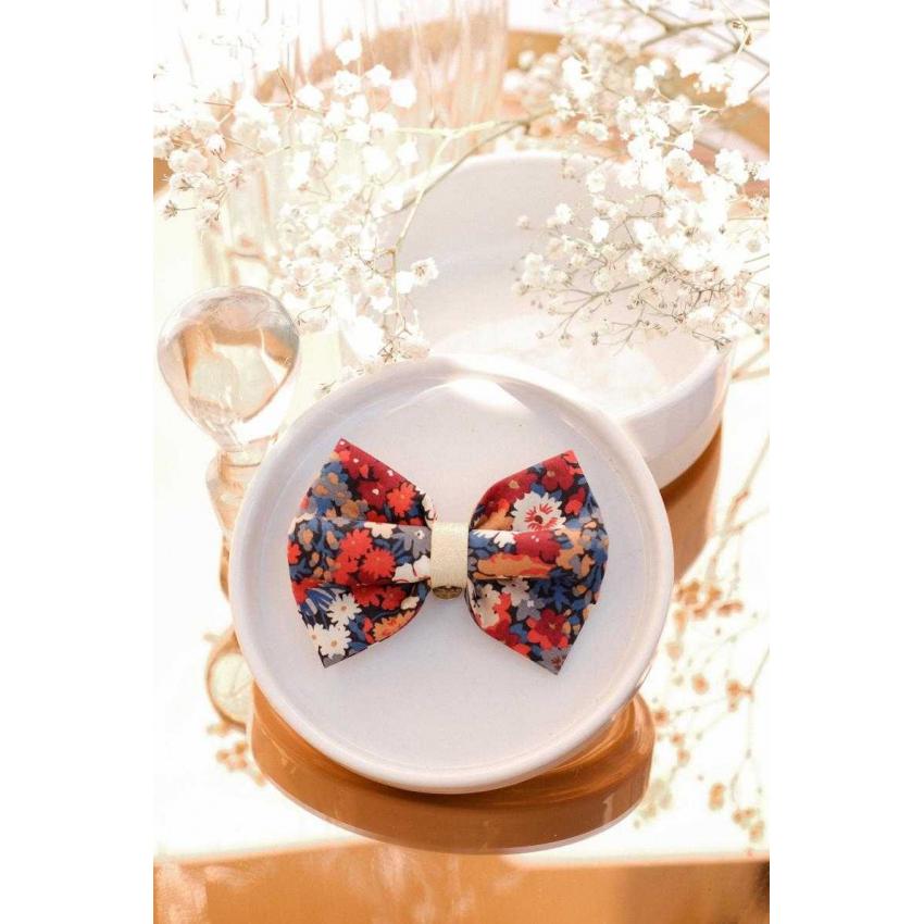 Noeud à clipser liberty fleur terracotta, bleu nuit centre doré