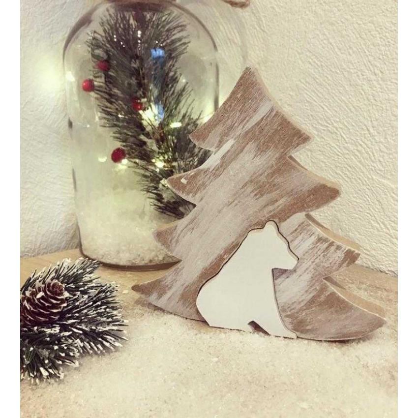 Décoration de Noël en bois à poser - sapin large et ours