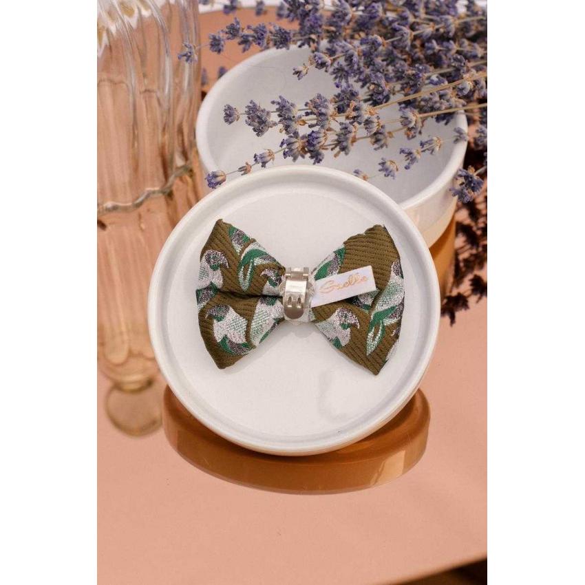 Noeud à clipser en jacquard vert olive et motif oiseaux argenté et vert