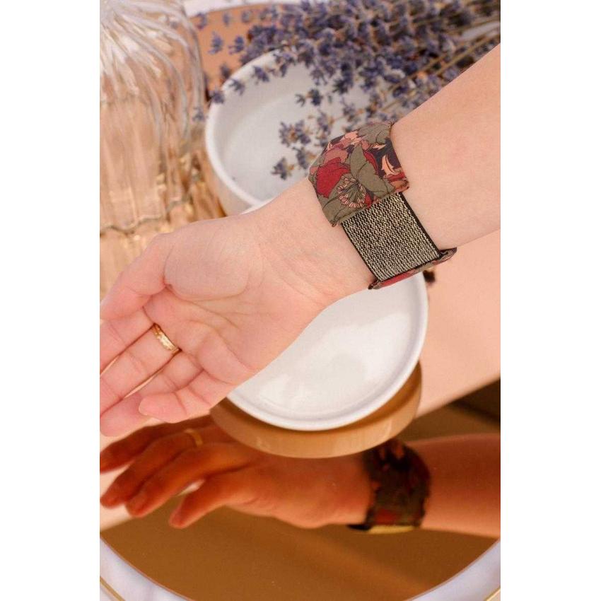 Manchette noeud imprimé floral kaki, rouge tomette et beige rosé