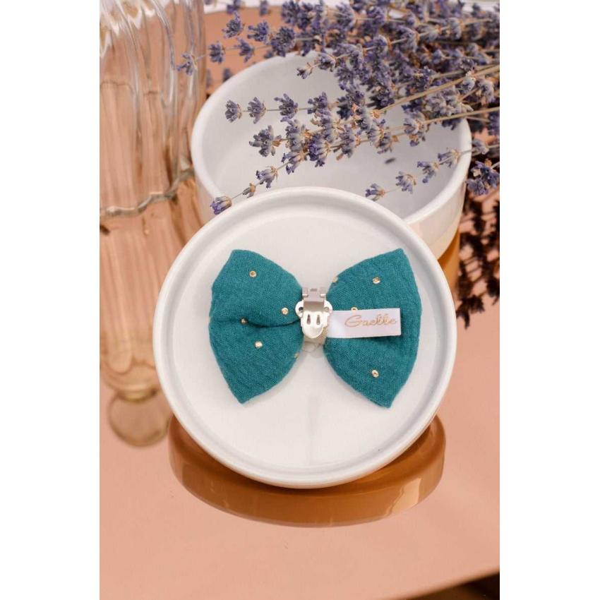 Noeud à clipser en double gaze bleu canard et doré