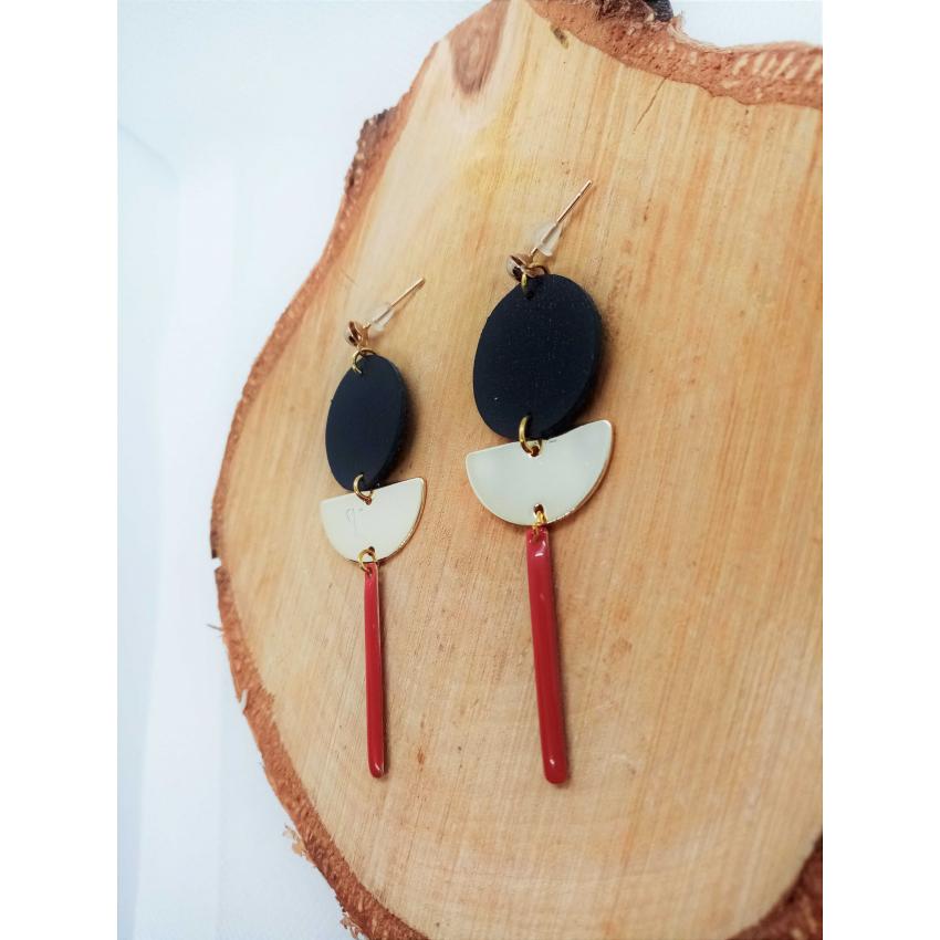 Boucles d'oreille "Moon" -en cuir noir, doré et rouge