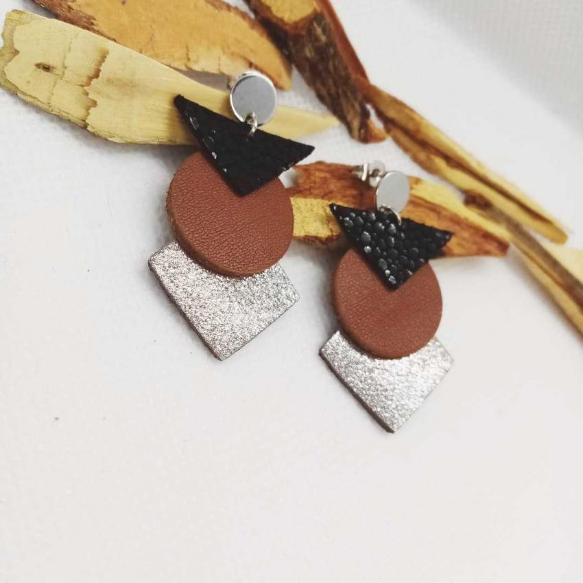 Boucles d'oreille "Totem" - argenté / noir/camel/argenté - Chibiz Créations