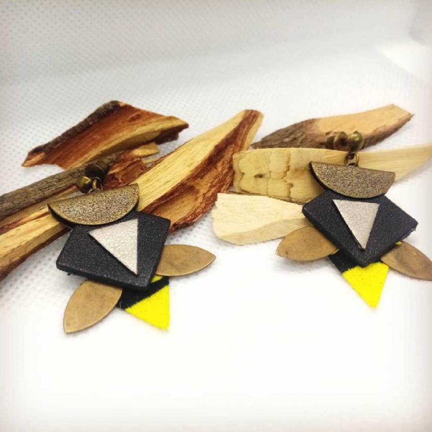 Boucles d'oreille "Bee" - Bronze/ noir/ jaune - Chibiz Créations