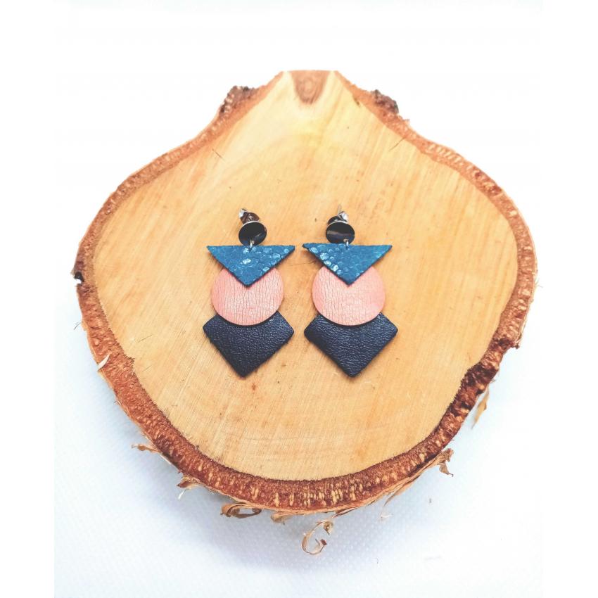 Boucles d'oreille "Totem" - argenté / turquoise/rose poudré/bleu marine - Chibiz Créations