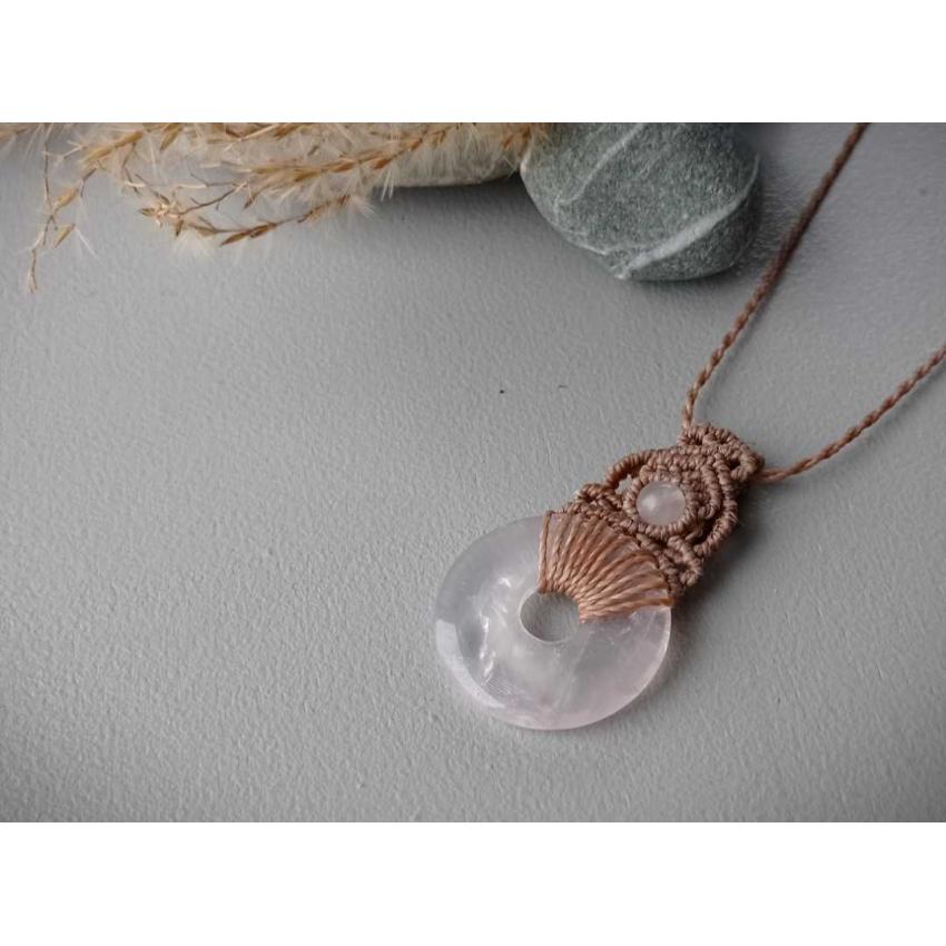 Pendentif Macramé - Quartz Rose - Pierre Fine - Bijoux - Fait main/ Handmade
