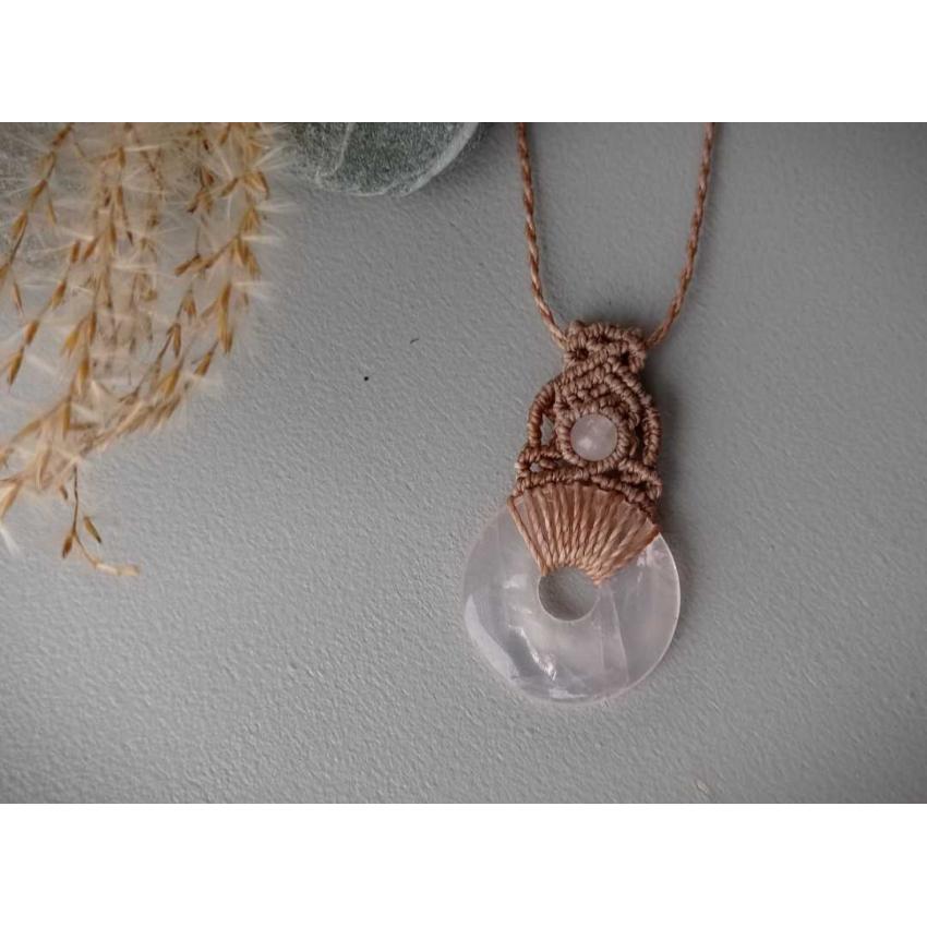 Pendentif Macramé - Quartz Rose - Pierre Fine - Bijoux - Fait main/ Handmade