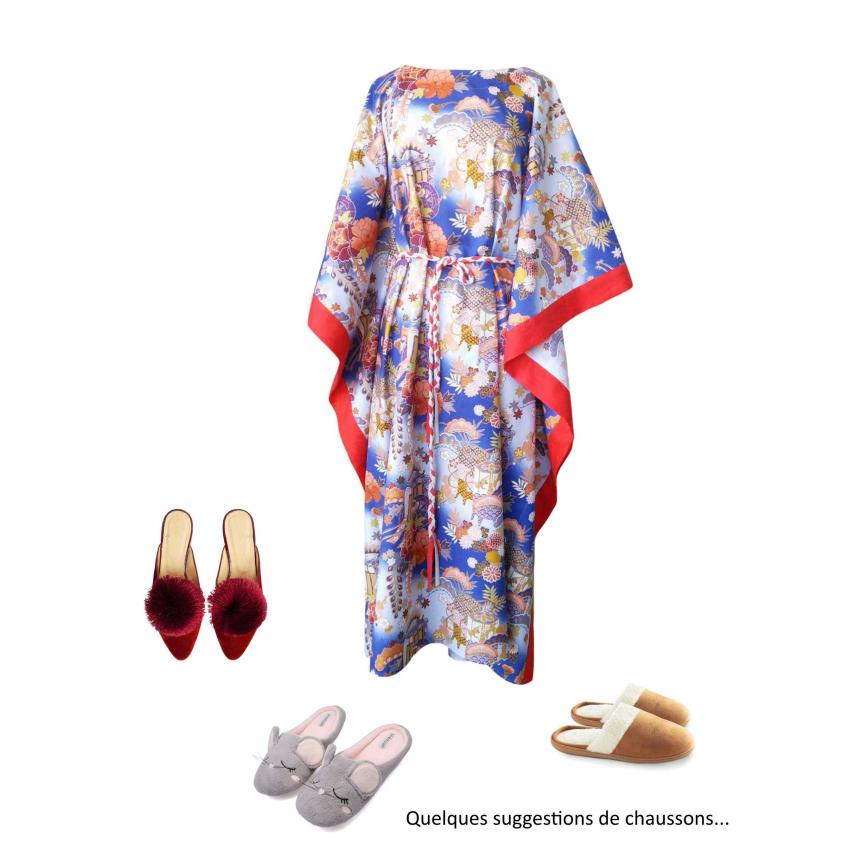Caftan long en coton japonais bleu et finitions rouge corail