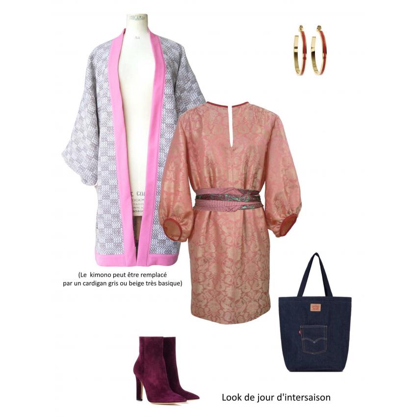 Robe tunique d’inspiration seventies en jacquard de soie indienne et sa ceinture upcylée