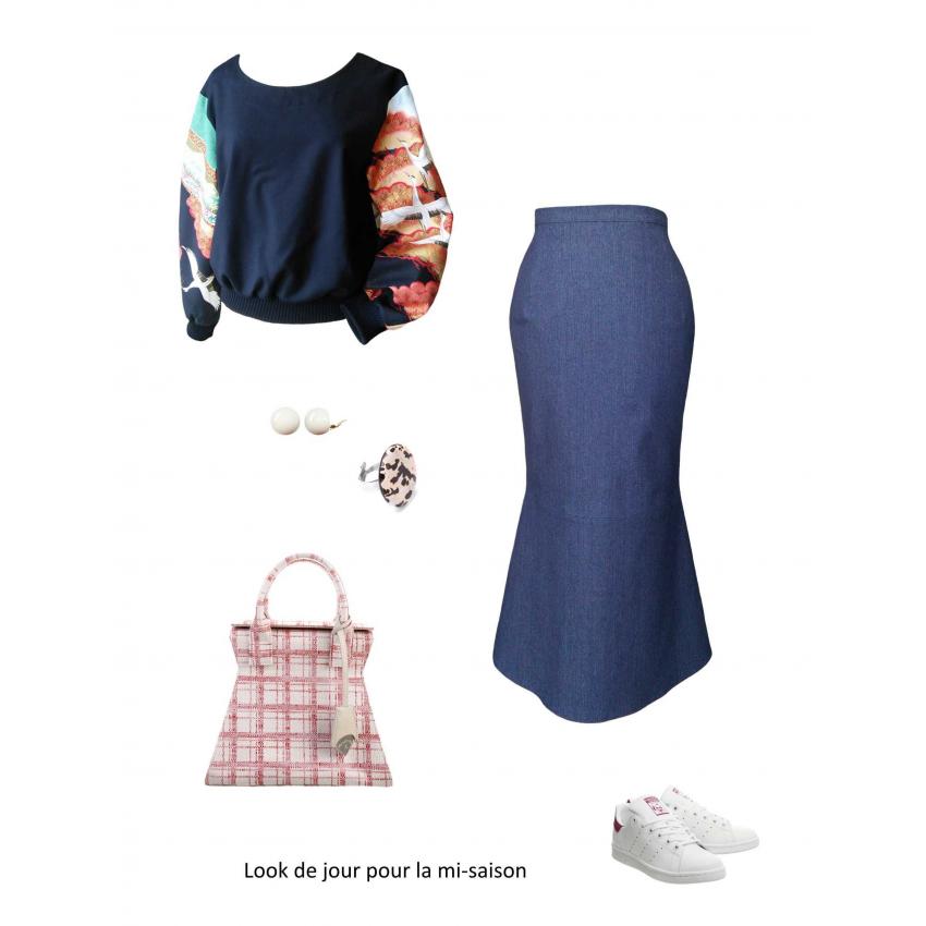 Sweat court en laine noire et coton japonais