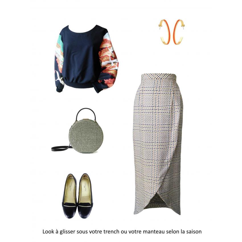 Sweat court en laine noire et coton japonais