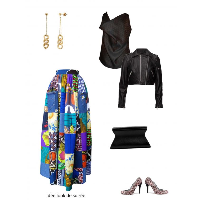 Jupe longue taille froncée en patchwork de coton imprimé, wax et jean de récupération