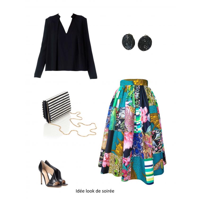 Jupe midi taille froncée en patchwork de coton imprimé, wax et coton japonais