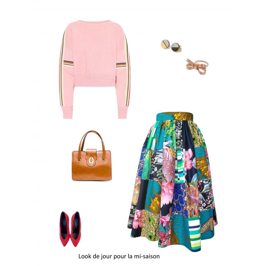 Jupe midi taille froncée en patchwork de coton imprimé, wax et coton japonais