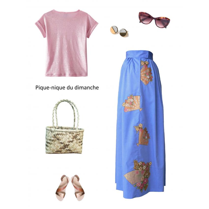 Jupe longue effet jean en coton et éventails brodés