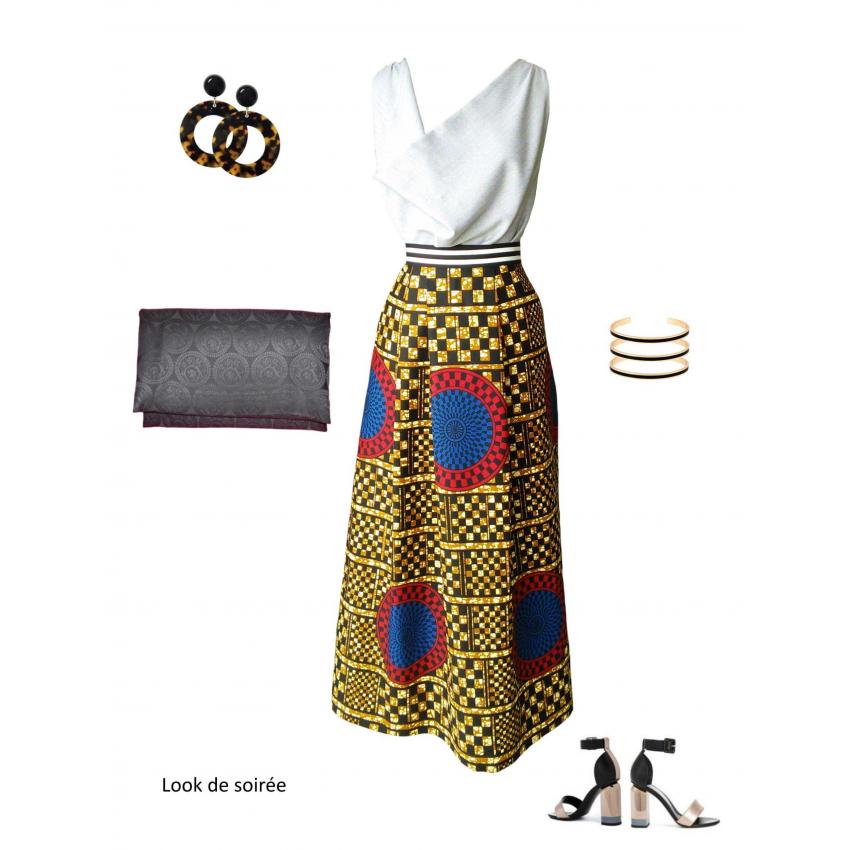 Jupe portefeuille en wax géométrique à damier