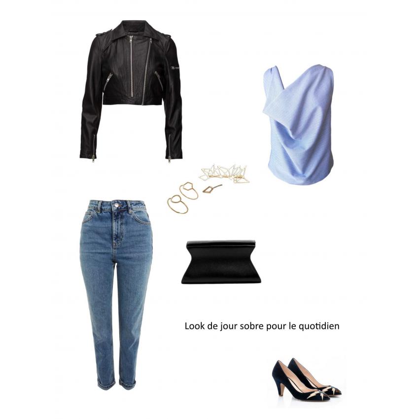 Top col bénitier en sergé de coton gris et blanc