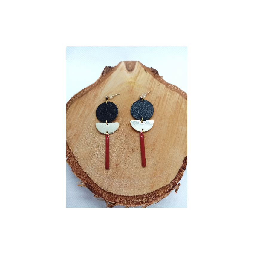 Boucles d'oreille "Moon" -en cuir noir, doré et rouge