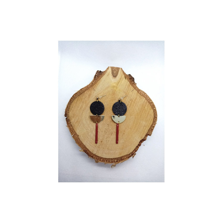 Boucles d'oreille "Moon" -en cuir noir, doré et rouge