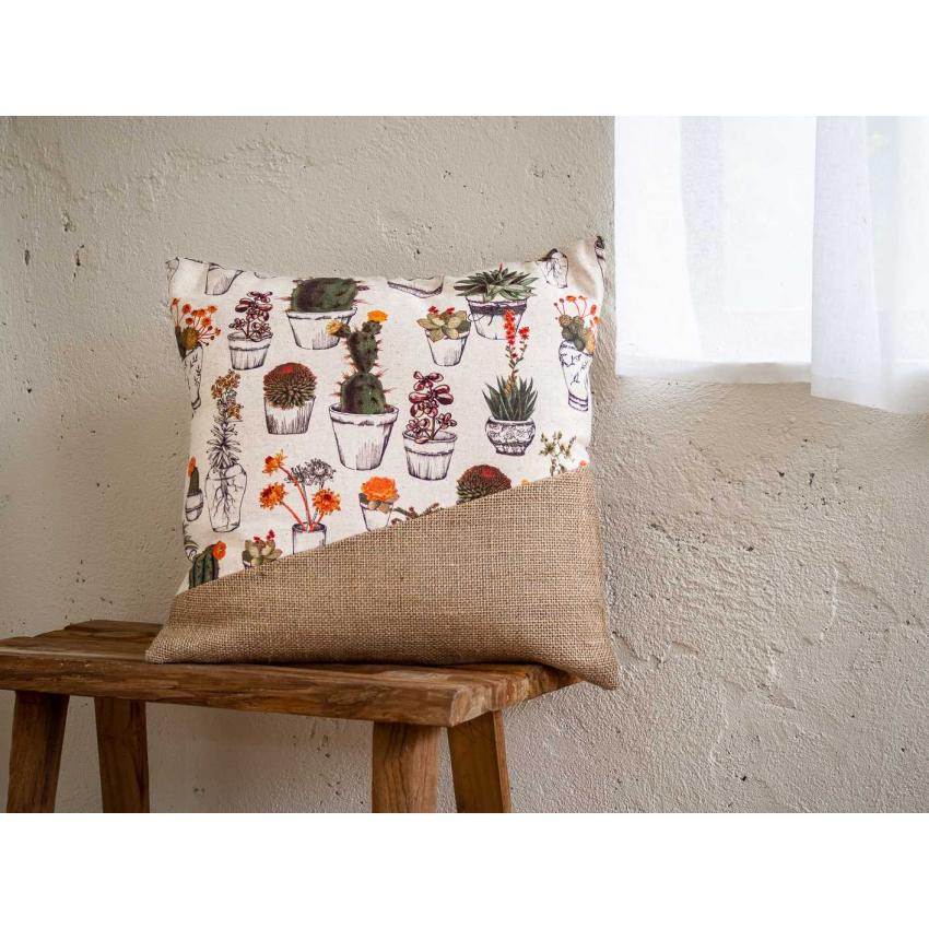 Coussin imprimé "cactus" et toile de jute