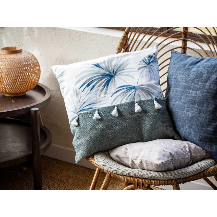 Coussin imprimé "palmier" à pompons