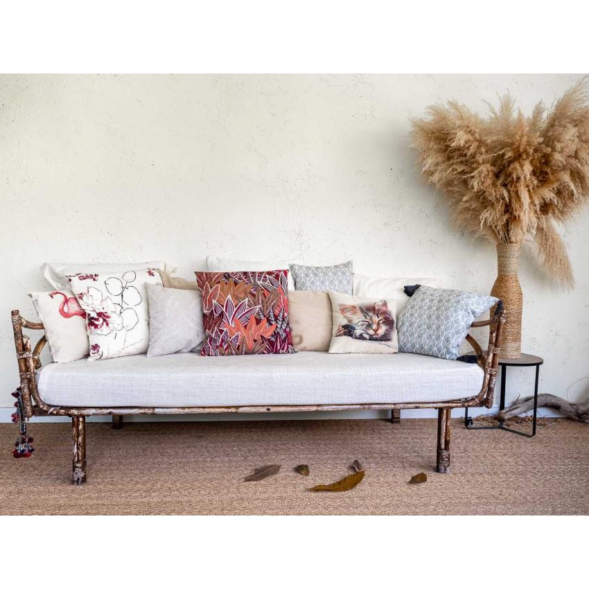 Coussin imprimé "feuilles" framboise