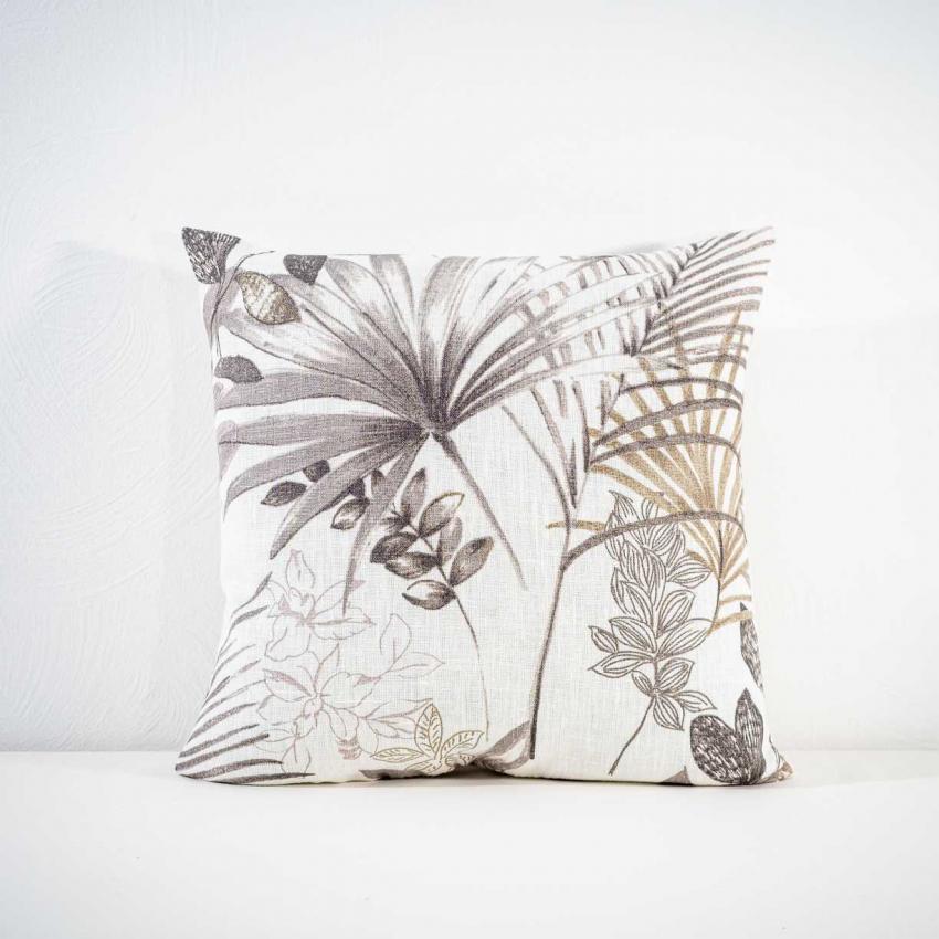 Coussin imprimé "végétal" taupe