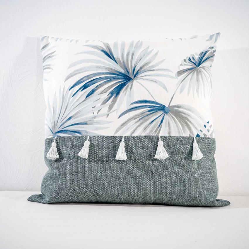 Coussin imprimé "palmier" à pompons