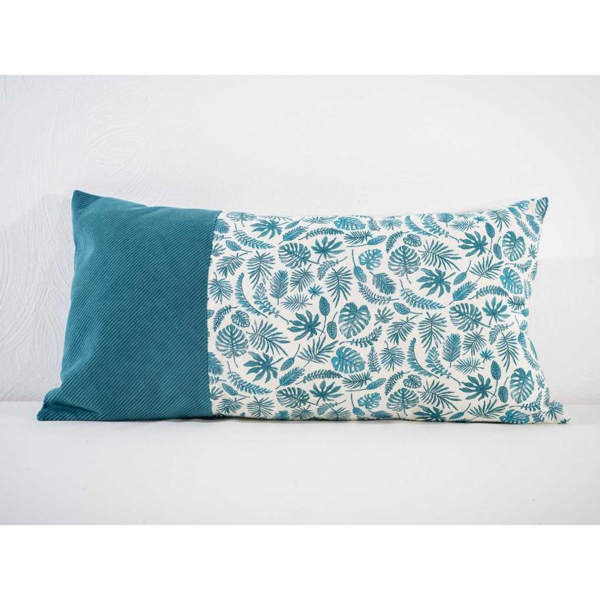 Coussin imprimé "feuilles" et velours