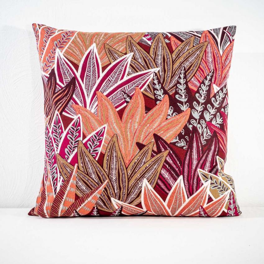 Coussin imprimé "feuilles" framboise