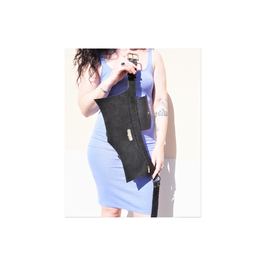 Ceinture utilitaire multi poches en patchwork de cuirs bronze et noirs pour voyage ou festival