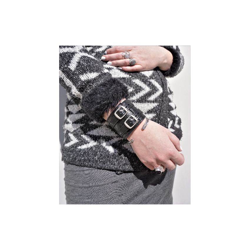 Bracelet large unisexe en cuir souple noir