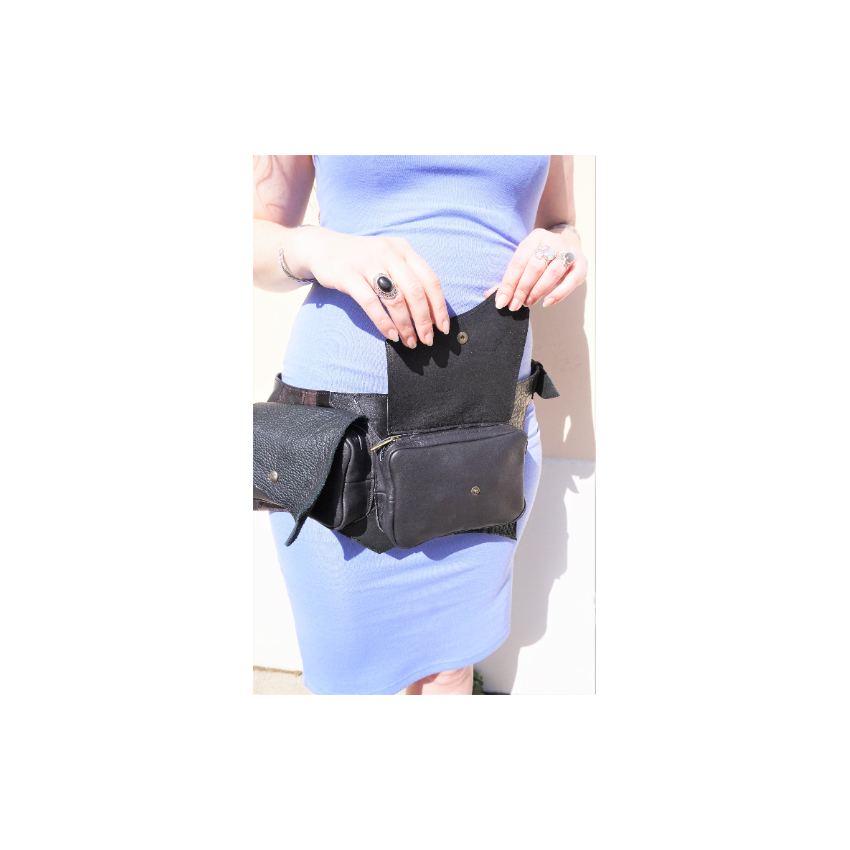 Ceinture utilitaire multi poches en patchwork de cuirs bronze et noirs pour voyage ou festival