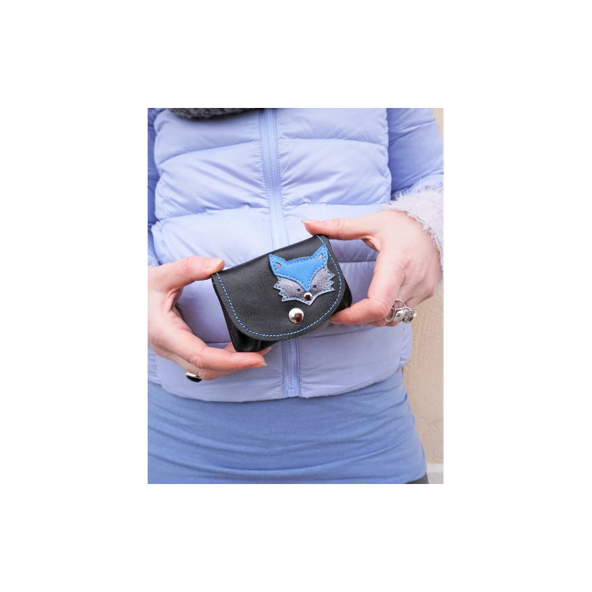 Porte monnaie en cuir noir avec renard