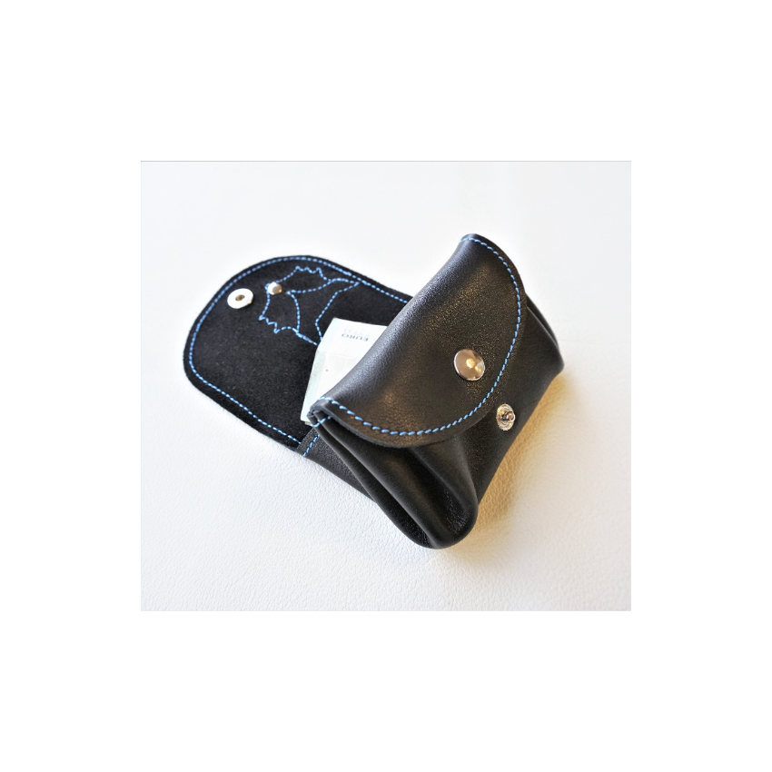 Porte monnaie en cuir noir avec renard