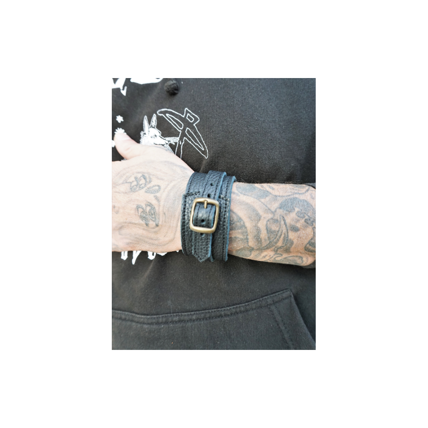 Bracelet unisexe en cuir grainé noir