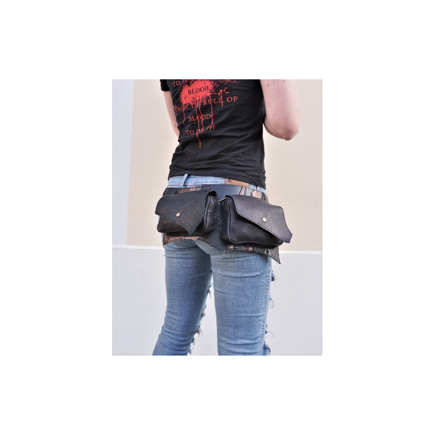 Ceinture utilitaire multi poches en patchwork de cuirs bronze et noirs pour voyage ou festival