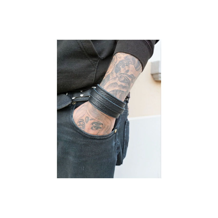 Bracelet unisexe en cuir grainé noir